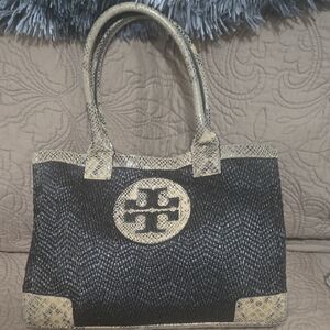 Tory Burch Raffia Embossed Snakeskin Tote